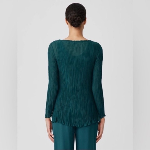 NWT Eileen Fisher Crinkled Sheer Silk Georgette Bateau Neck Long Top - Picture 2 of 5